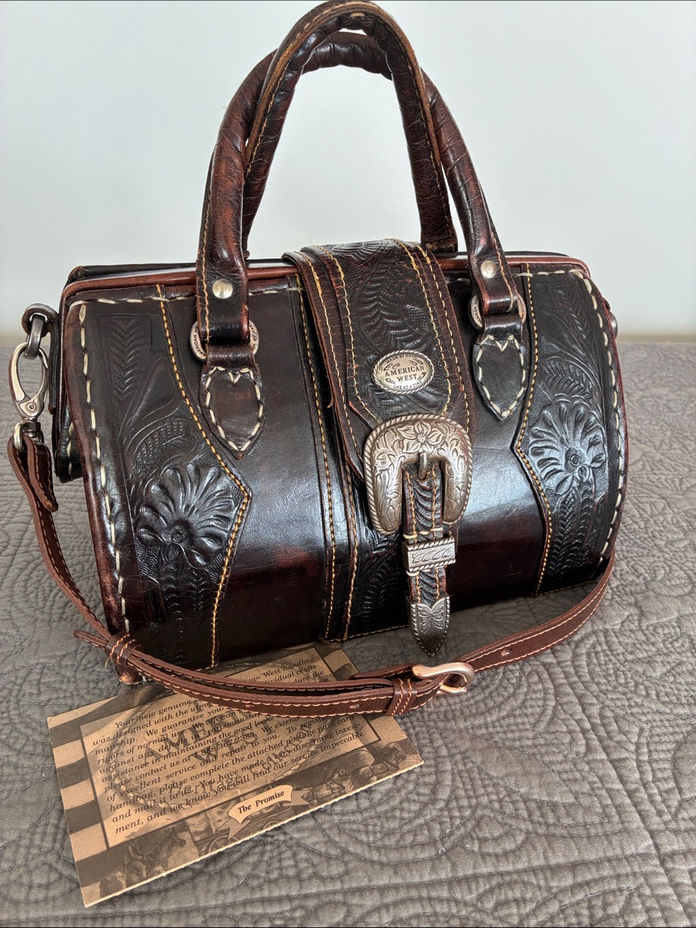 Vintage American West Brown Tooled Leather Floral Satchel with Silver Buckle